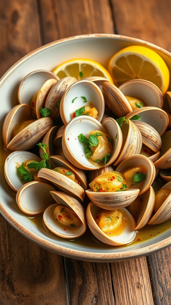 Garlic butter clams in a bowl with parsley and lemon wedges on a wooden table.